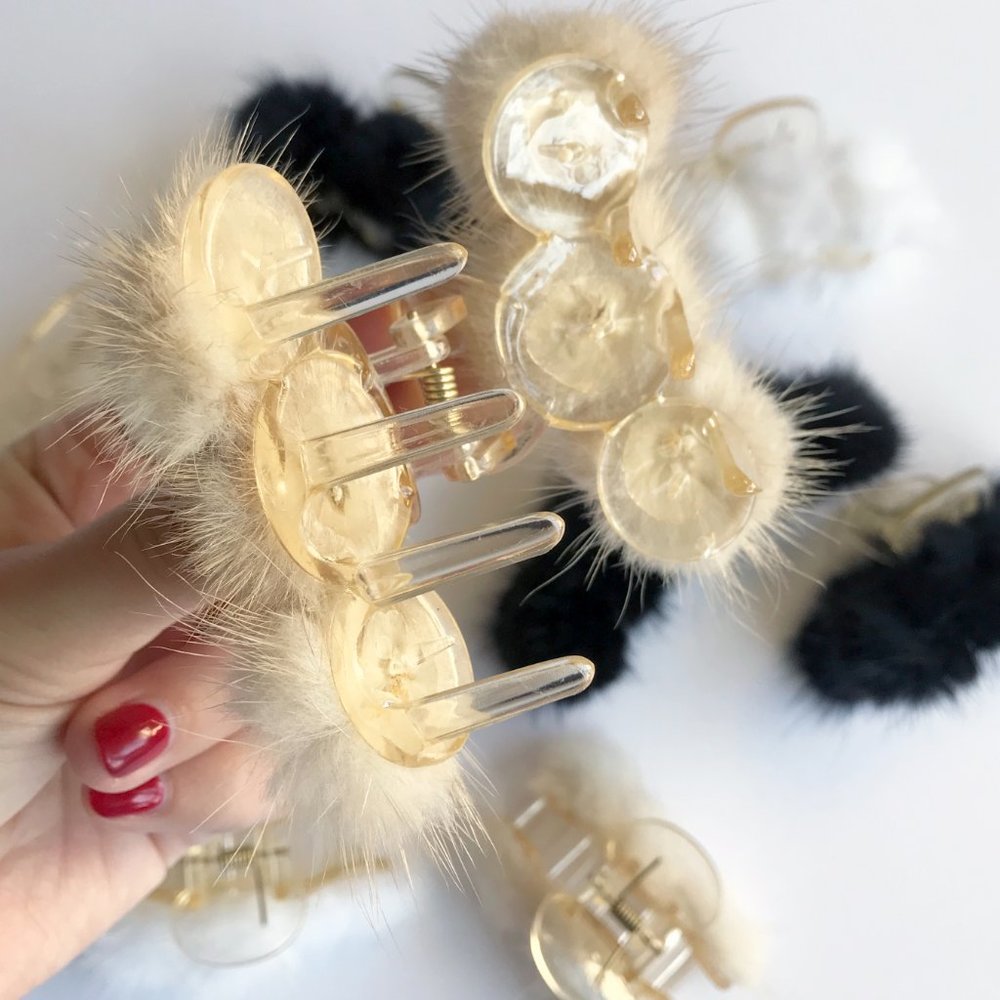 Small Mink Pom Pom Hair Clip Hair Jaw Claw • Black Tan or White • Genuine Fur - Picture 10 of 16